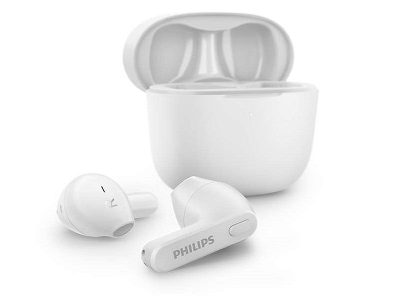 Philips TAT2236WT white true wireless earbuds beside the open charging case