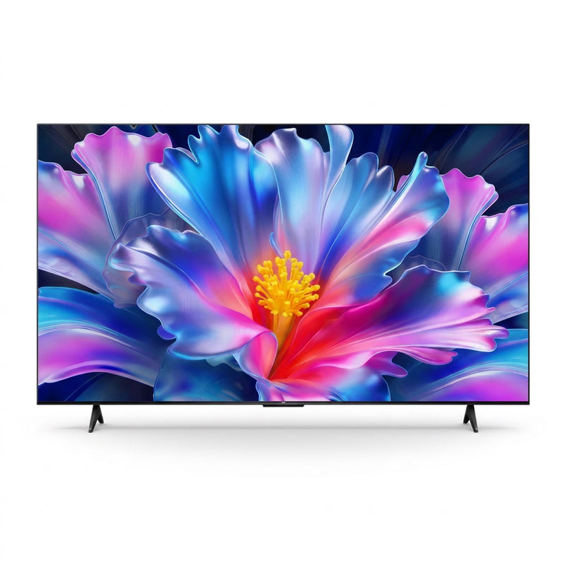 TCL 55-inch 4K UHD Google TV front view on stand, screen showing vivid pink and blue flower artwork