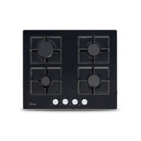 Midea 60cm gas-on-glass hob top-down view with four burners and chrome control knobs