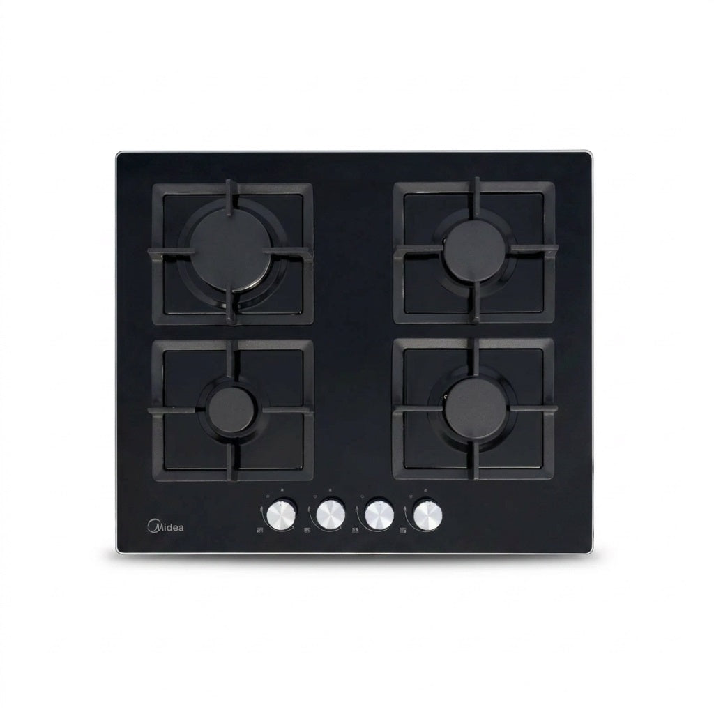 Midea 60cm gas-on-glass hob top-down view with four burners and chrome control knobs