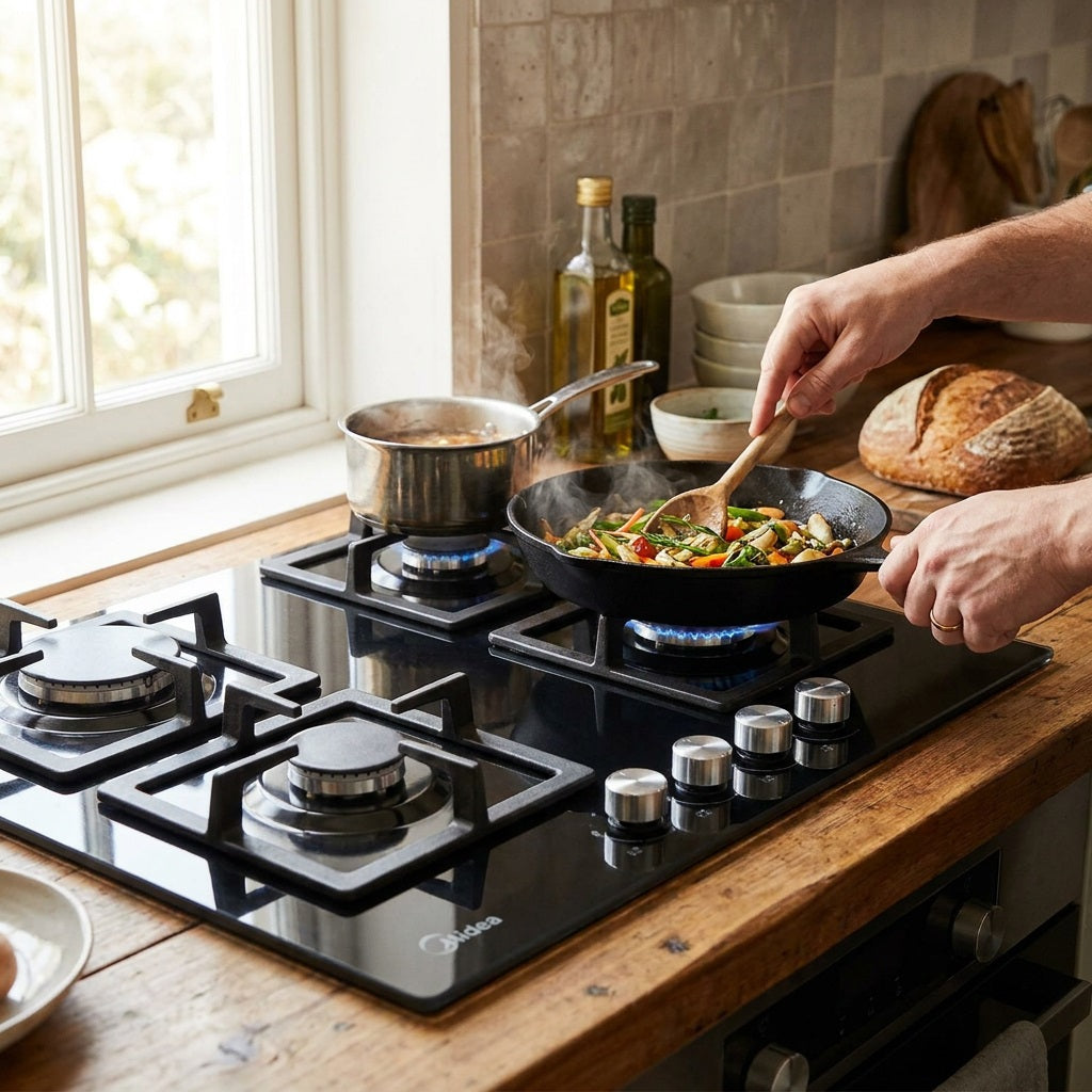 Midea 60cm gas-on-glass hob in use with a pot boiling and a stir-fry pan over a lit flame