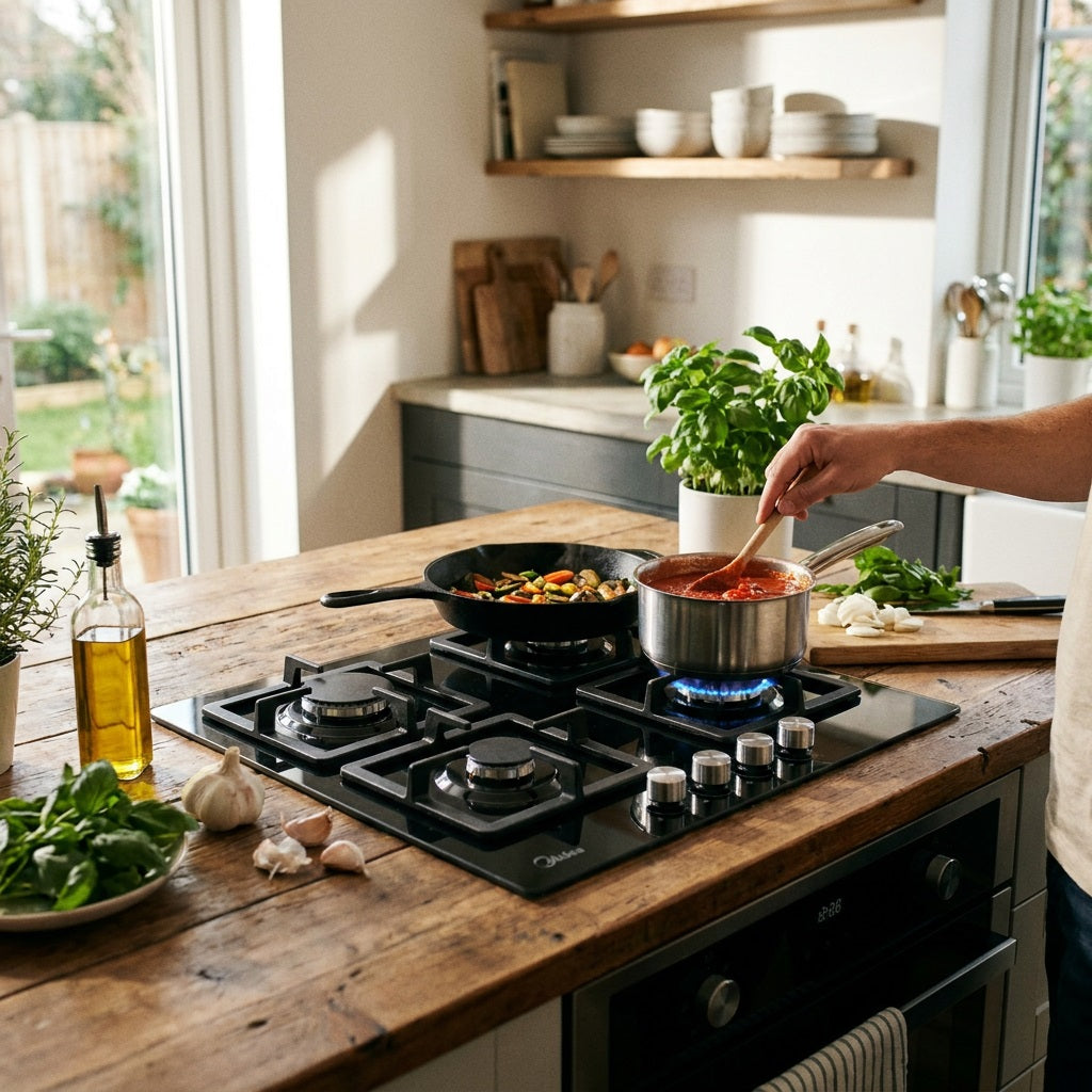 Midea 60cm gas-on-glass hob cooking tomato sauce beside a chopped herb board
