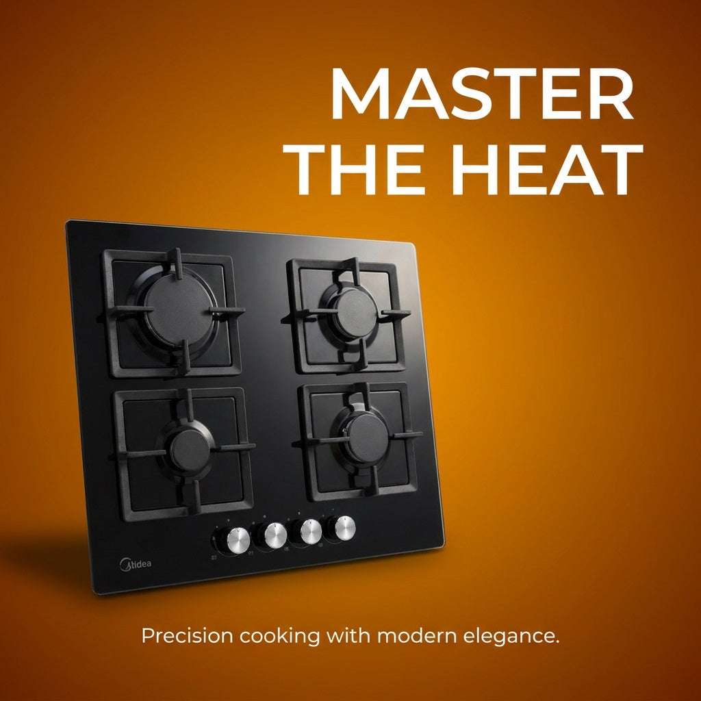 Midea 60cm gas-on-glass hob marketing graphic shown at an angle against a bold orange backdrop