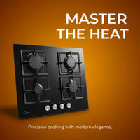 Midea 60cm gas-on-glass hob marketing graphic shown at an angle against a bold orange backdrop