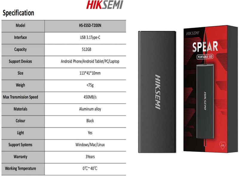 HIKSEMI 512Gb Spear Portable Ssd Black