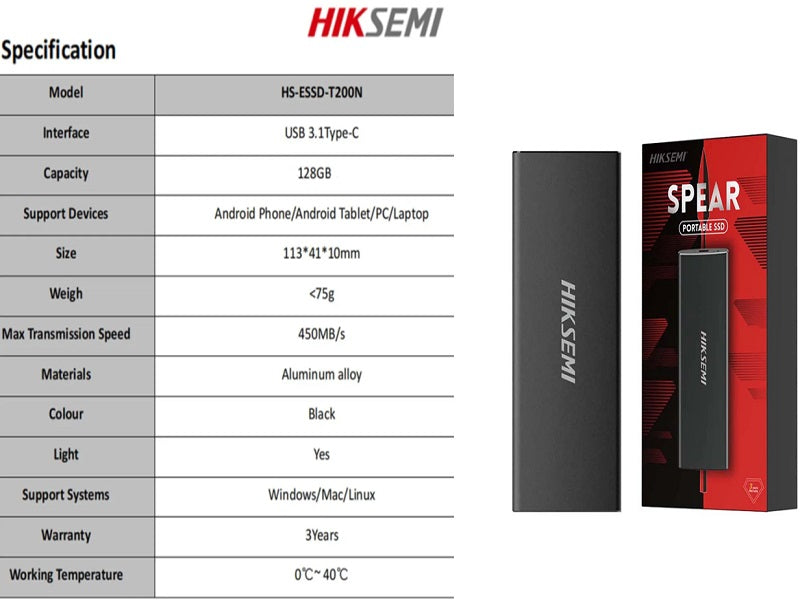 HIKSEMI 128Gb Spear Portable Ssd Black