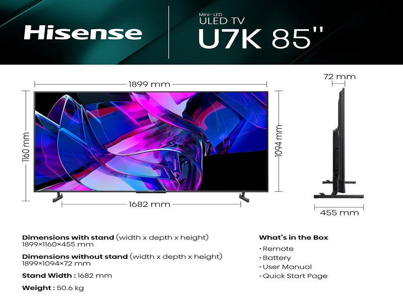 HISENSE 85" U7K 144Hz 4K Smart Tv