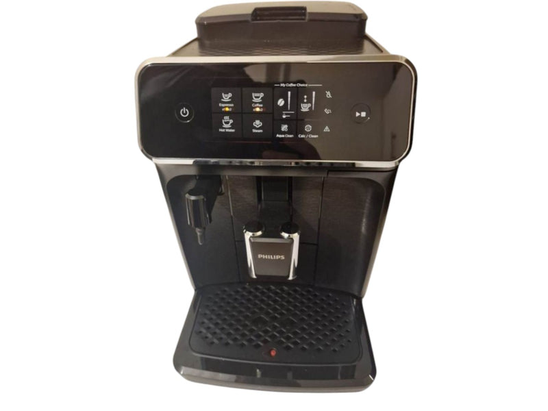 Philips 1200 Series espresso machine front view with touch control panel and drip tray