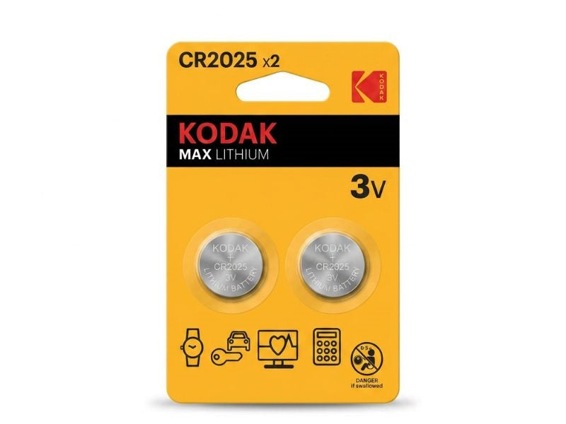 Kodak Max Lithium CR2025 3V battery 2-pack in retail blister packaging