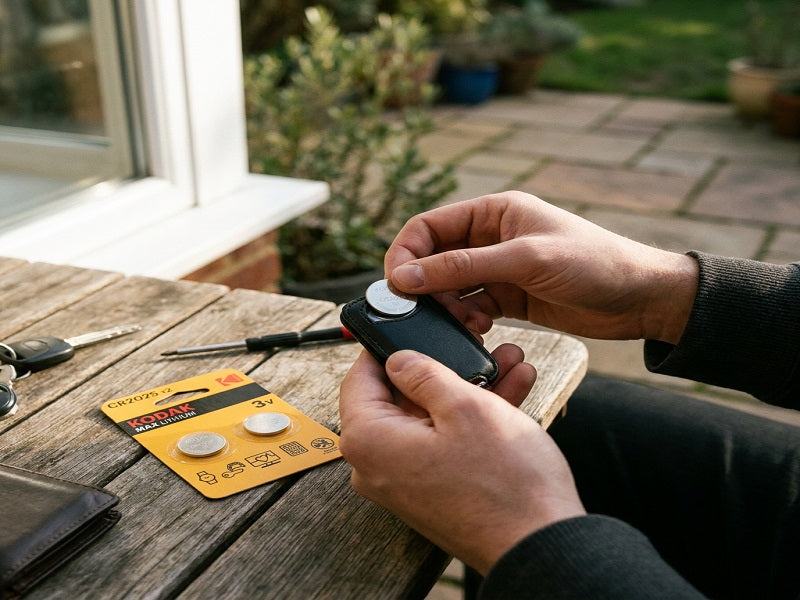 Kodak Max Lithium CR2025 battery being fitted into a car key fob