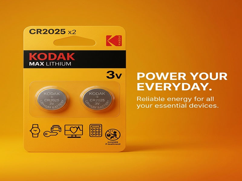 Kodak Max Lithium CR2025 pack shown with power tagline graphic