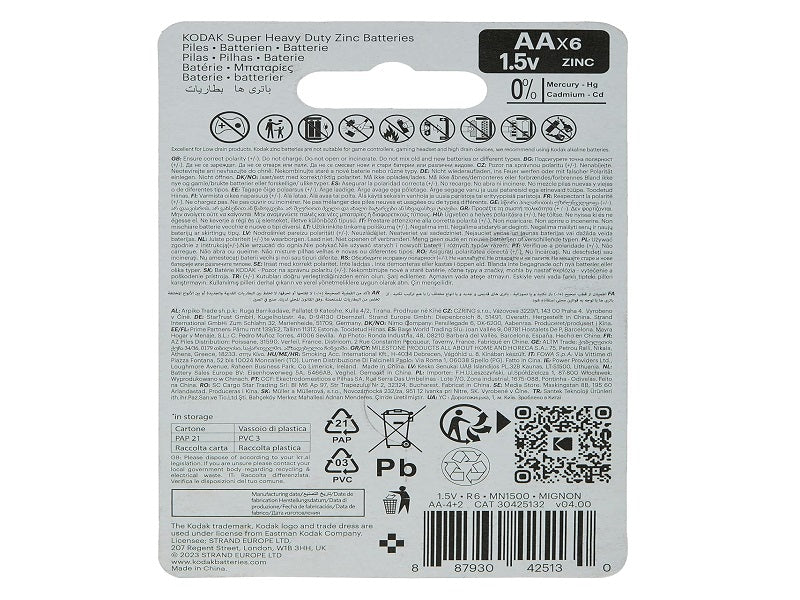 Kodak Zinc Heavy Duty AA 6X Battery