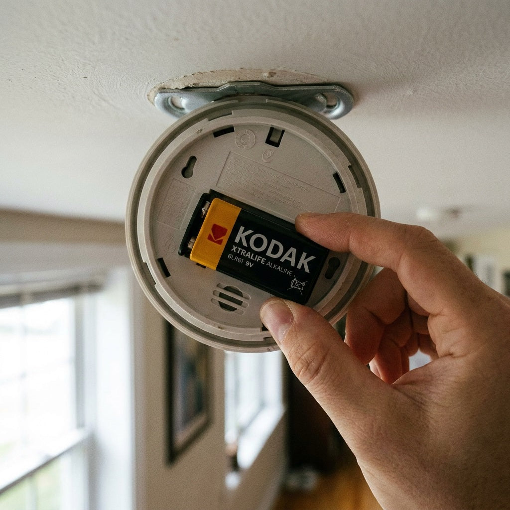 Kodak Xtralife 9V battery being fitted into a ceiling smoke alarm