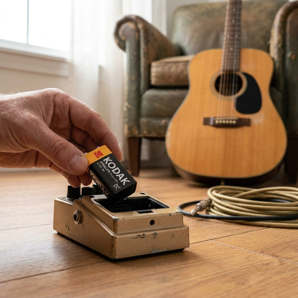Kodak Xtralife 9V battery held above a guitar effects pedal battery bay