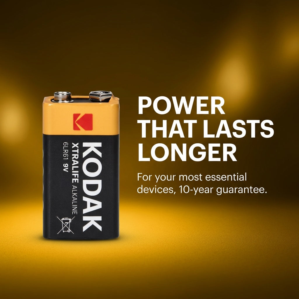 Kodak Xtralife 9V battery standing upright with feature tagline graphic