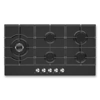 Midea 90cm gas-on-glass hob top-down view showing the triple-crown burner and four standard burners