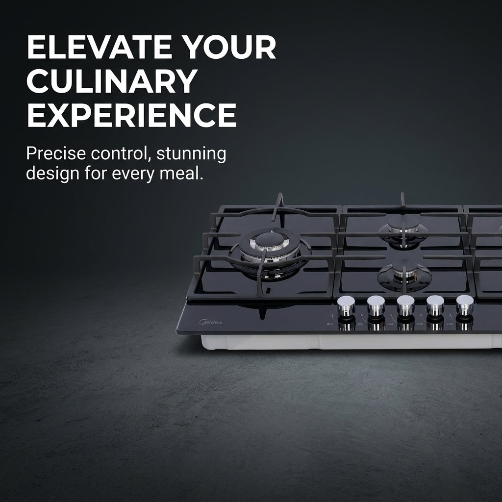 Midea 90cm gas-on-glass hob cooking a sauce beside chopped herbs, with copper pans hanging above