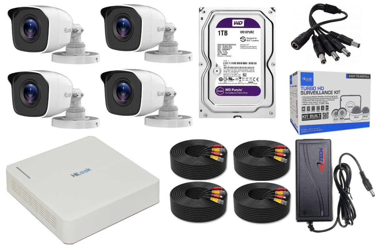 HiLook 4CH CCTV Kit with 4× 2MP Bullet Cameras, ZATECH 20m Ready-Made Cables & 1TB HDD – Complete Security System