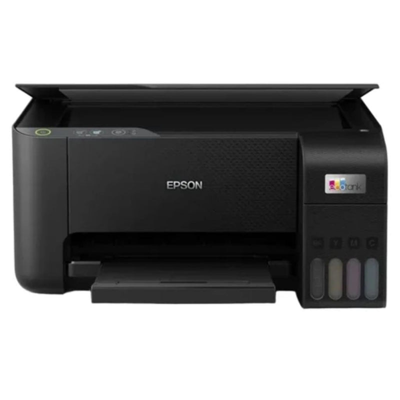 Epson EcoTank L3211 pre-loved printer with scanner lid open, showing the flatbed scanner