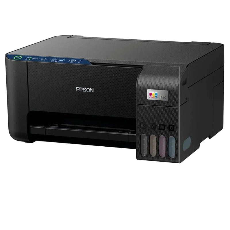 Epson EcoTank L3252 pre-loved black printer, angled view with paper tray closed