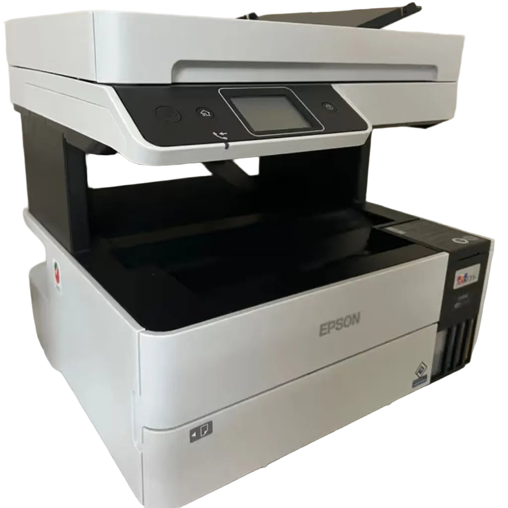Three-quarter front view of the white Epson EcoTank L6490 all-in-one printer