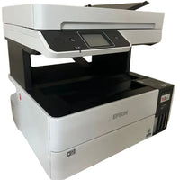 Three-quarter front view of the white Epson EcoTank L6490 all-in-one printer