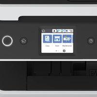Close-up of the L6490 keypad, screen and ecotank ink tank badge on the white unit