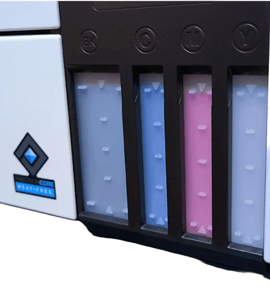 Macro close-up of the L6490's CMYK ink tanks and PrecisionCore badge