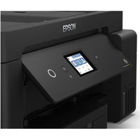 Angled close-up of the L14150 control panel, screen and CMYK EcoTank ink tanks
