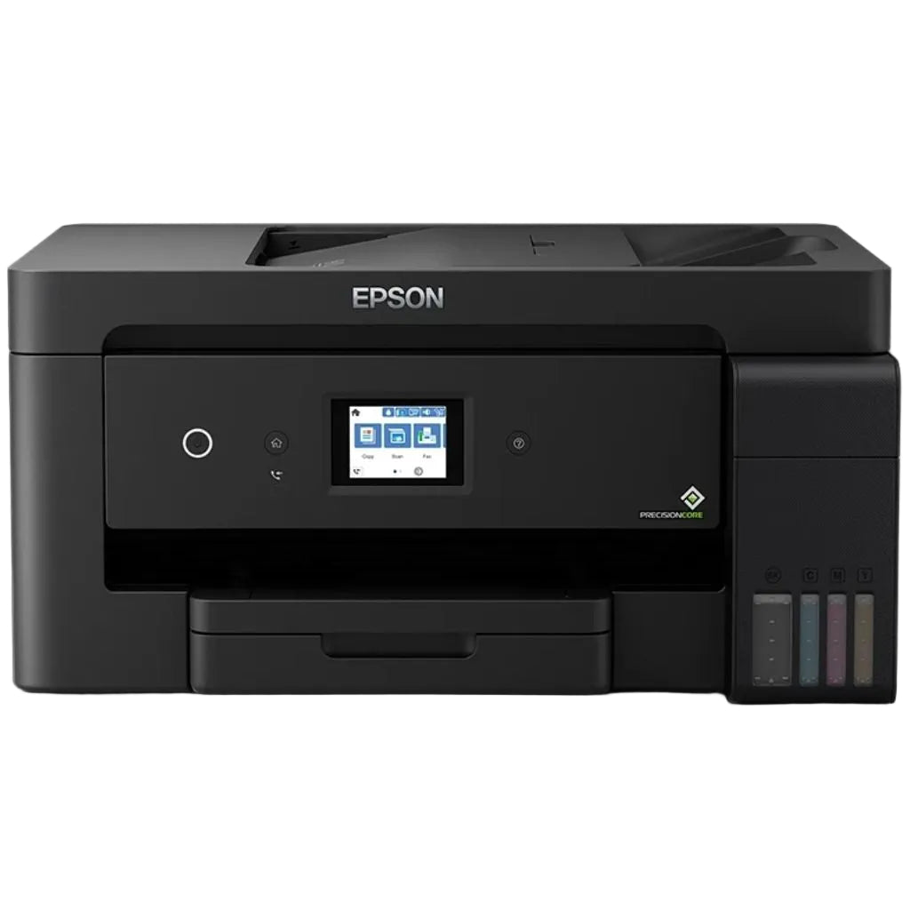 Epson EcoTank L14150 A3+ printer, front view showing control panel and four ink tanks