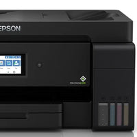 Close-up of the Epson logo, control panel screen and ink tanks on the L14150