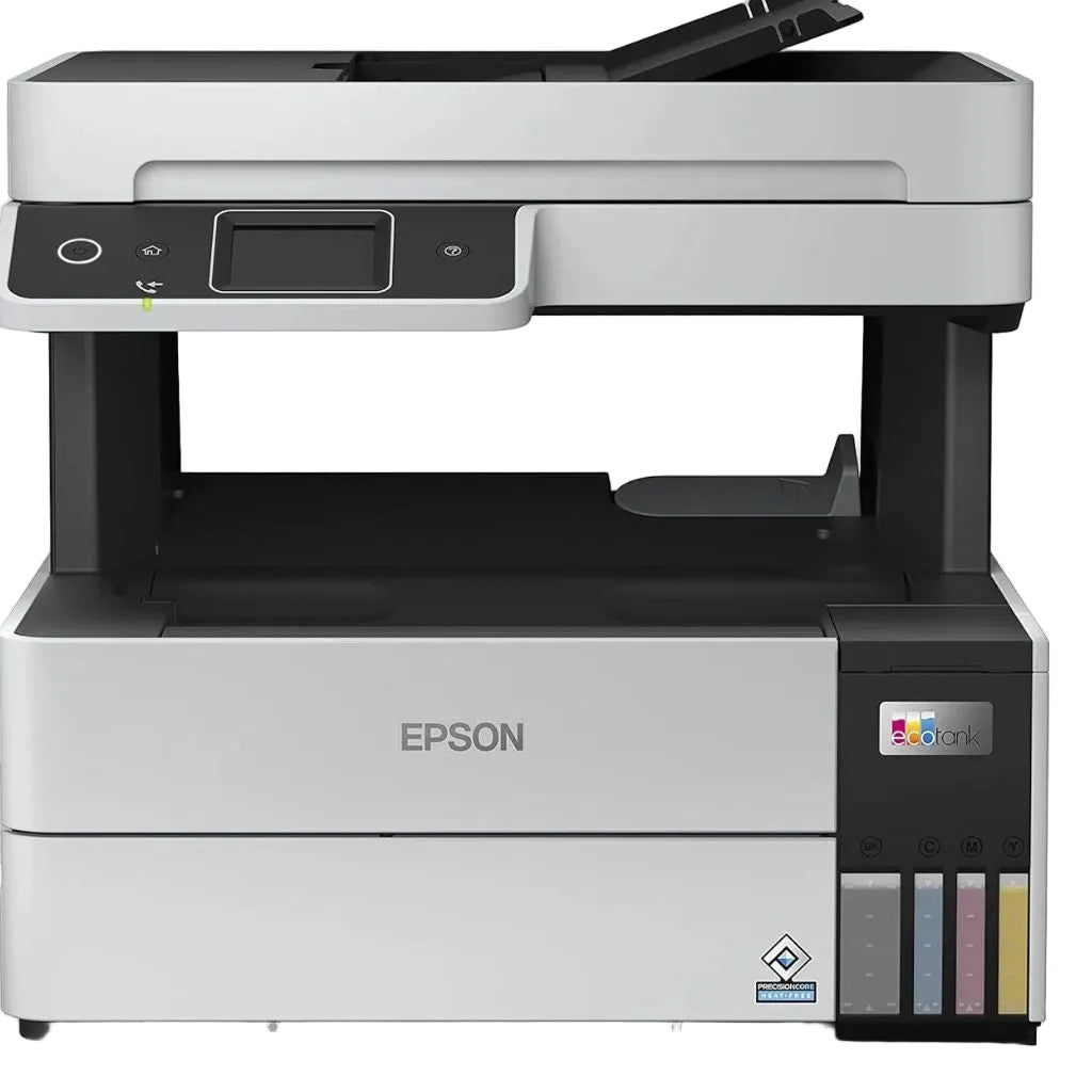 Epson EcoTank L6490 printer in white, front view with control panel and ink tanks