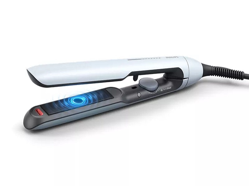 Philips 5000 Series hair straightener in white with the ThermoShield indicator lit blue
