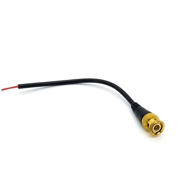 Single black BNC pigtail cable with a gold-plated BNC male connector and bare red and black wire leads on a white background