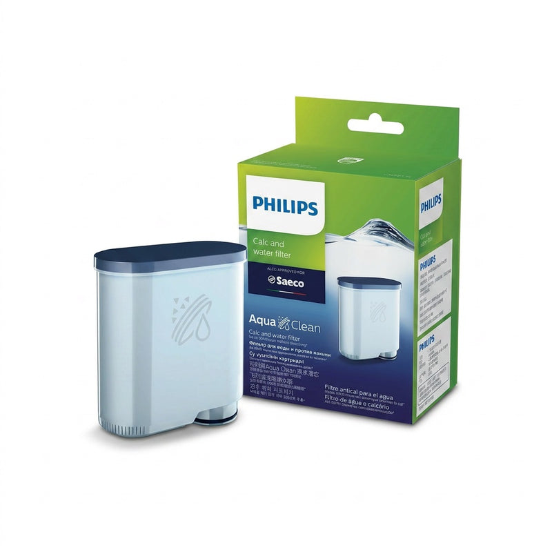 Philips CA6903/10 AquaClean filter cartridge shown beside its retail box