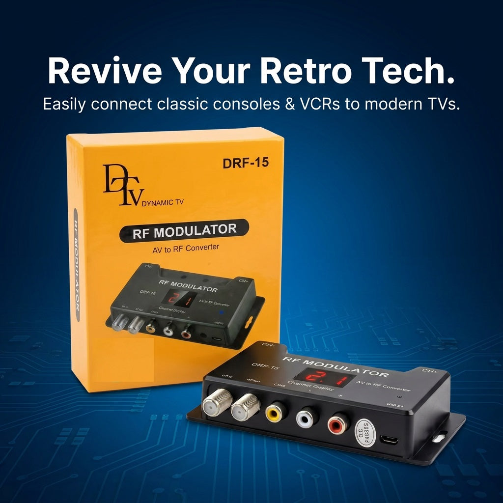 DTV DRF-15 RF modulator, audio video to RF converter (view 2)