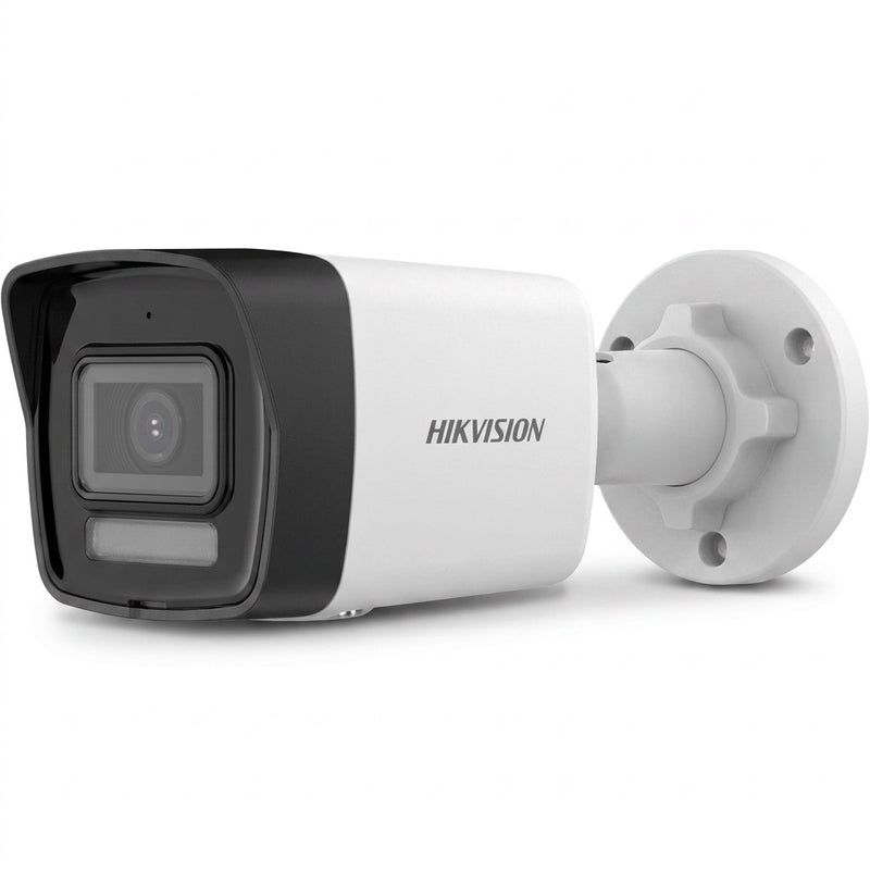 Hikvision DS-2CD2021G0-LIU 2MP IP bullet camera, white, three-quarter view with 2.8mm lens and hybrid-light LED