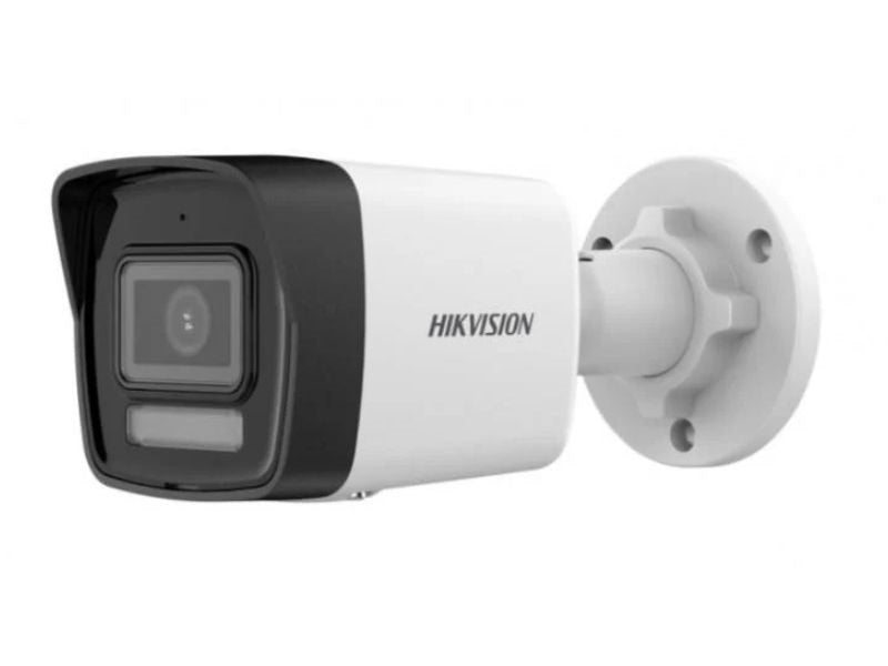 Hikvision DS-2CD2021G0-LIU bullet camera side view with wall-mount bracket