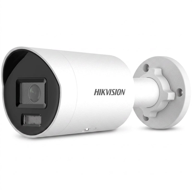 Hikvision DS-2CD2046G2H-IU bullet camera three-quarter view showing lens and wall mount