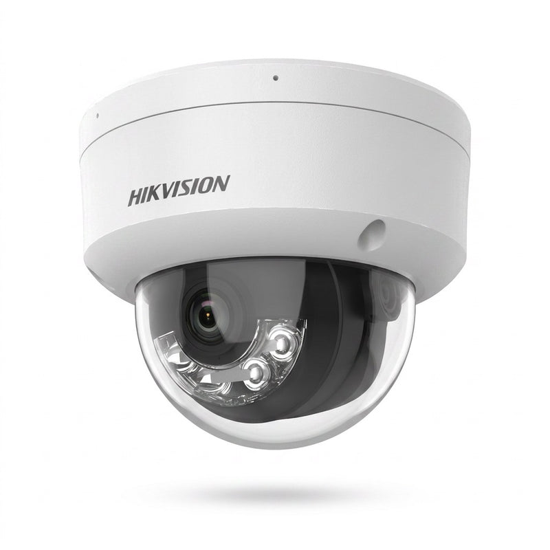 Hikvision DS-2CD2121G0-LIU 2MP IP dome camera, white, front view with lens and hybrid-light LEDs under the dome