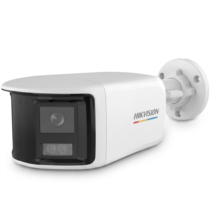Hikvision DS-2CE12KF3T-DLS 3K ColorVu dual-lens bullet camera, white, three-quarter view with twin lenses and white-light LEDs