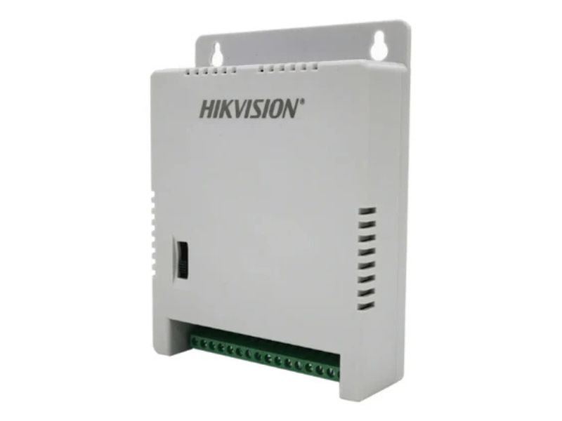 Hikvision DS-2FA1205-C8 8-channel power supply, three-quarter view of the case and vents