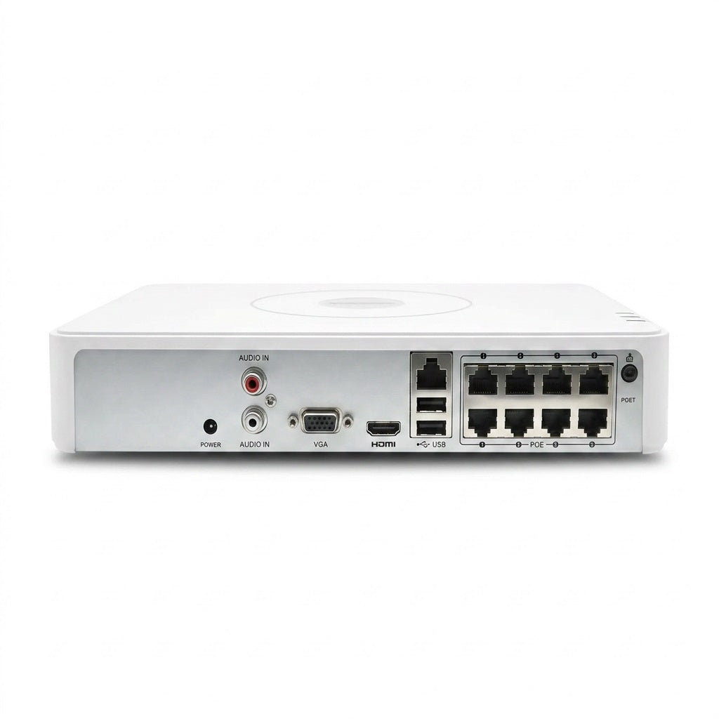 Hikvision DS-7108NI-Q1/8P NVR rear panel showing 8 PoE ports and audio jacks