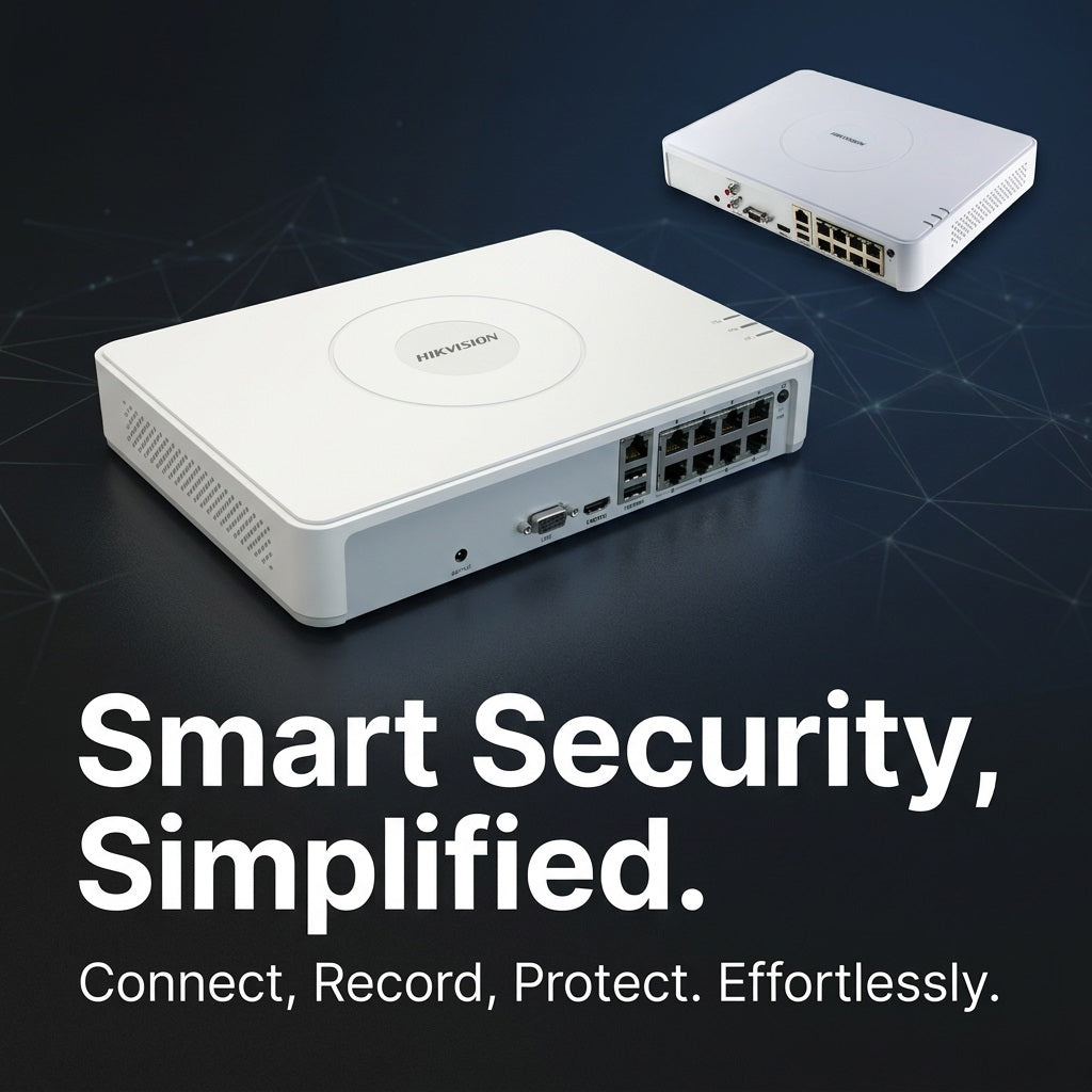 Hikvision DS-7108NI-Q1/8P and companion NVR shown with 'Smart Security' marketing banner