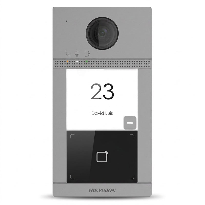 Hikvision DS-KV8113-WME1(C) door station front view with tenant display and card reader panel