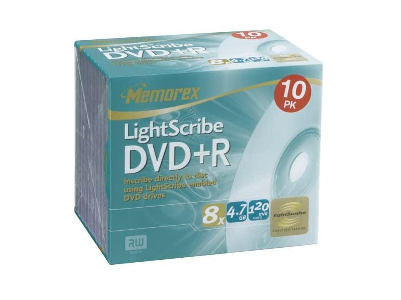 Memorex LightScribe DVD+R 4.7GB 8X - 10-Pack Jewel Case, Direct Disc Printing