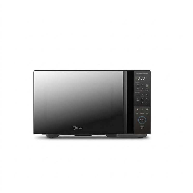 Midea 30L black mirror-finish digital microwave, front view on a white background with closed door