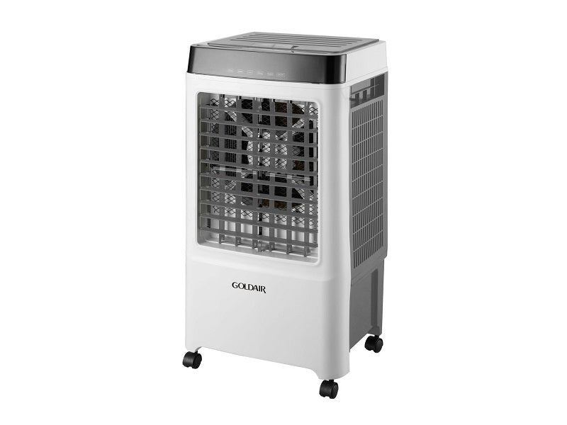 Goldair GAC-20 20L air cooler three-quarter view showing front grille and castors