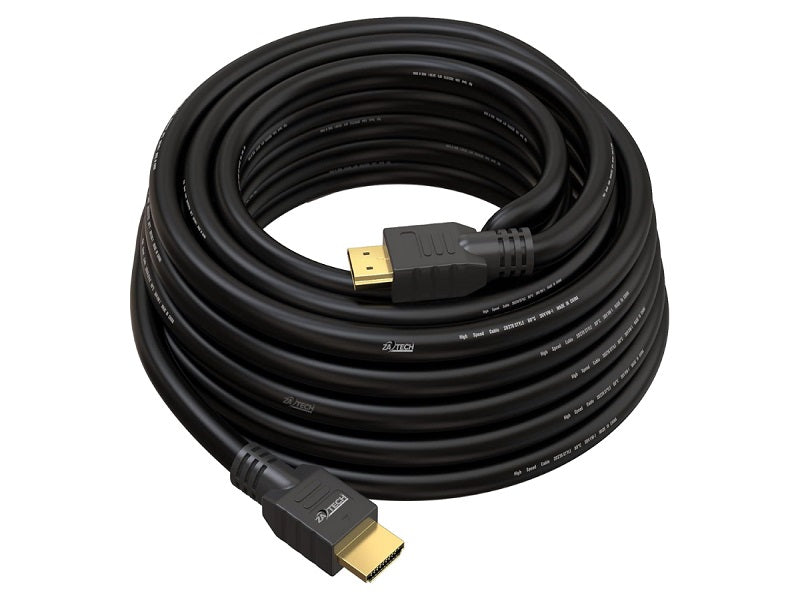 15m HDMI cable coiled, showing black moulded connectors and printed jacket