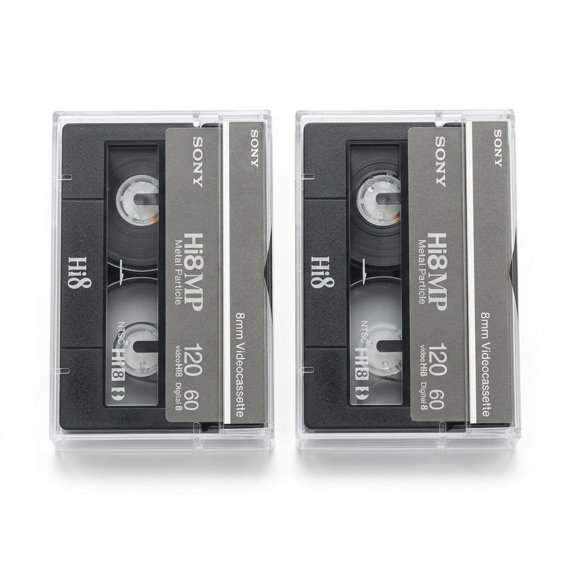 Sony Hi8MP 8mm cassette, two units shown side by side, top-down view